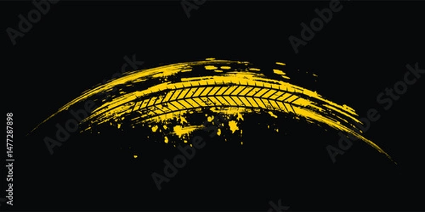 Obraz Grunge tire track, wheel braking marks. Truck, car or motorcycle tread pattern silhouette. Auto race, motorsport, speed racing design element. eps 10