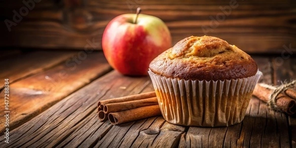 Fototapeta Warmly lit, single apple cinnamon muffin on a rustic wooden table , kitchen, muffin,  kitchen, muffin, breakfast, dessert