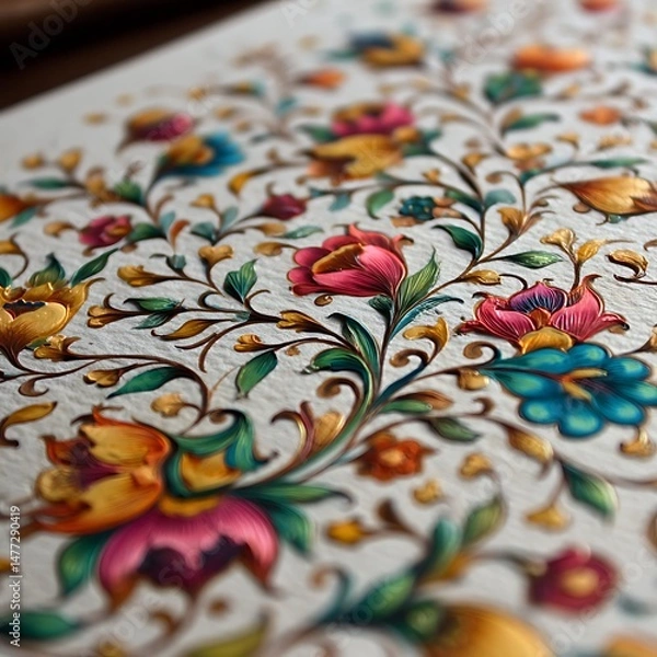 Fototapeta Close Up of Intricate Floral Painting with Gold Accents. This detailed image showcases a vibrant and ornate hand painted floral design.