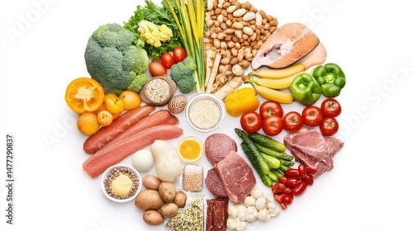 Fototapeta Healthy lifestyle visual featuring assorted nutritious food groups laid symmetrically on pure white background