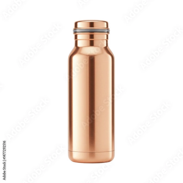 Fototapeta Gleaming copper bottle with grey band and lid stands vertically on a black background