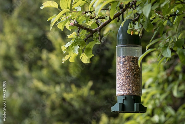 Fototapeta A bird feeder, filled with seeds, hanging of a tree branch, in the middle of summer