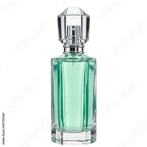 Fototapeta Elegant perfume bottle with a faceted crystal cap and a clear, soft green liquid inside