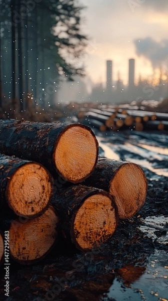 Obraz Stacked logs on a wet forest road at dusk.