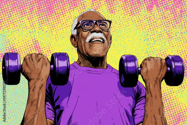 Fototapeta An elderly man wearing glasses joyfully lifts purple dumbbells while dressed in a bright purple shirt. The background features a colorful pop art design, emphasizing energy and strength.