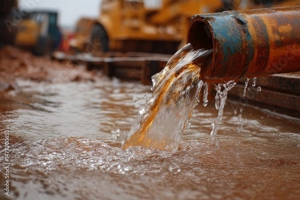 Fototapeta Water flowing from a rusty pipe at a construction site during overcast weather in a busy urban area