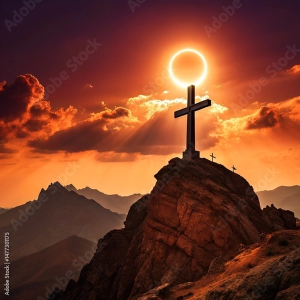 Fototapeta A large cross stands on mountain peak with sunset