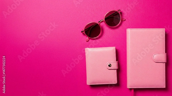 Fototapeta Flat lay of round pink sunglasses and pink leather notebooks on pink background. Stylish, feminine workspace concept, lifestyle, fashion, stationery creative journal themes.