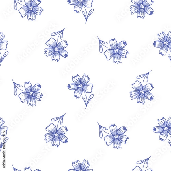 Obraz Hand drawn blue flowers seamless patterns with organic nature shapes on white for fabric, textiles, clothing, wallpaper, cover, banner, home decor, florals backgrounds.