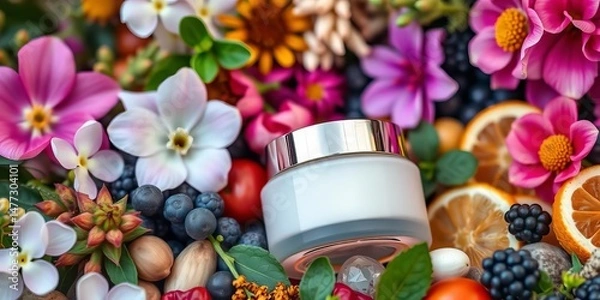 Obraz Luxurious skincare cream bottle nestled amongst fresh botanicals and vitamins,  ingredients,  lotion