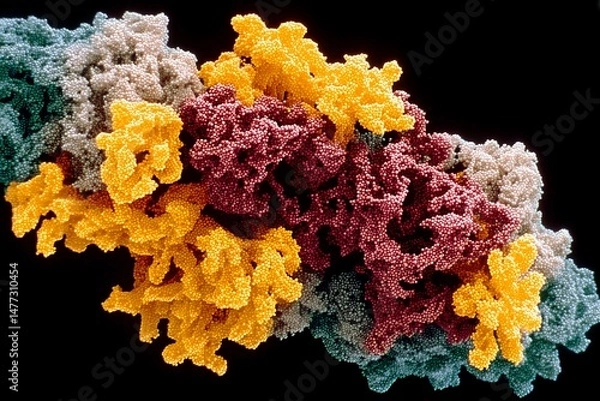 Fototapeta Colorful representation of protein structures under microscopic view displaying intricate details of biological molecules