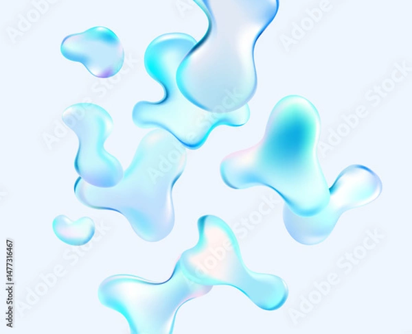 Obraz 3D Water drop on white background.  Abstract composition of blue liquid bubbles. Vector design elements.