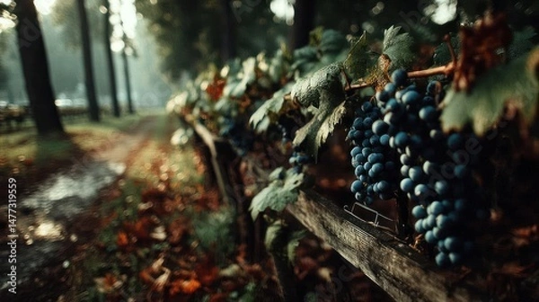Fototapeta Dark blue grapes on wooden crates in forest