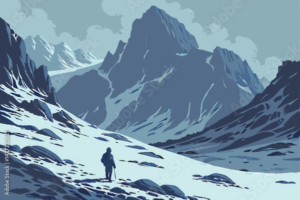 Obraz 154 cinematic mountainous frozen landscape, lone figure standing in foreground, dramatic icy peaks in background, mist and fog, cold atmospheric lighting, digital art, high resolution, unreal engine