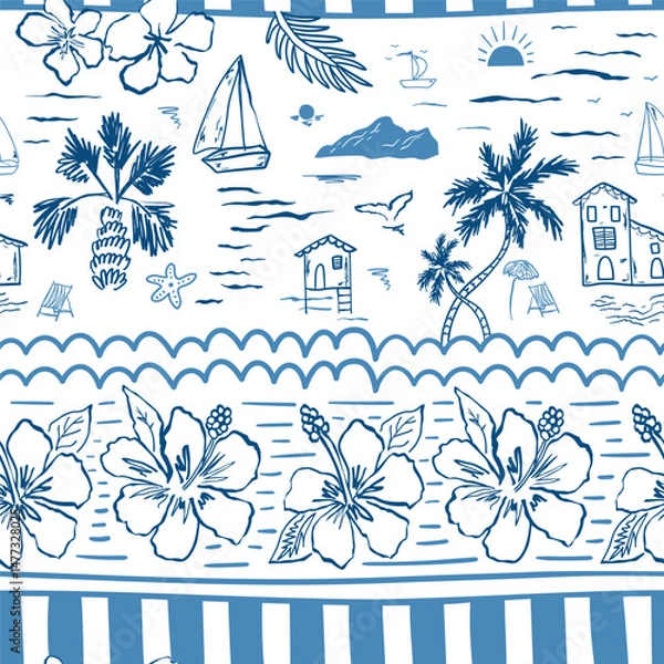 Fototapeta Blue tropical sea seamless pattern. Hand drawn sketch coastal background, cute palms, beach houses, sailboats, hibiscus flowers, stripes, ocean waves. Vector summer vacation wallpaper drawing in ink.