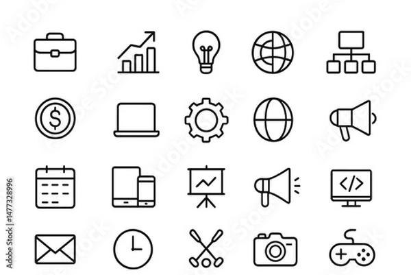 Fototapeta Vector icon collection depicting business, technology, and communication elements for modern applications