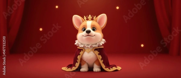 Obraz cute corgi wearing royal crown and cape, exuding charming and regal presence in vibrant red setting