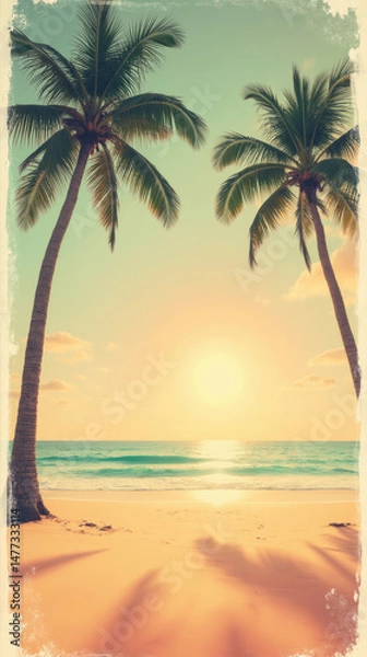 Obraz serene beach scene featuring palm trees silhouetted against vibrant sunset, with soft waves lapping at shore