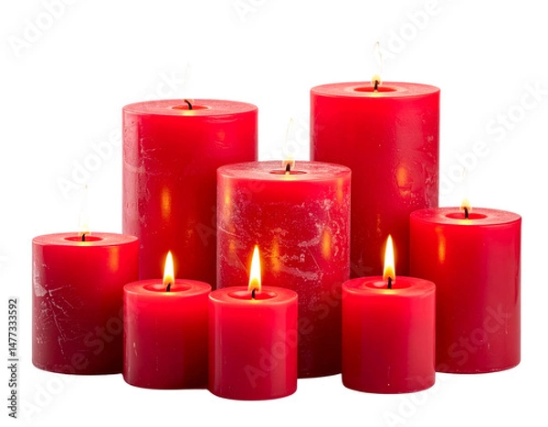 Fototapeta Set of Red Burning Candles with Flame, Isolated on Transparent Background