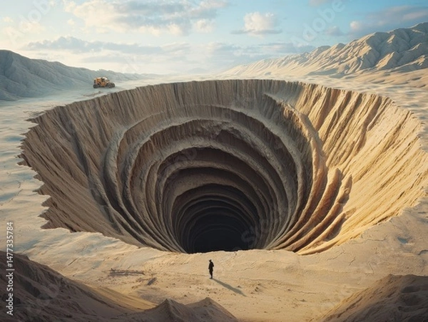 Fototapeta A deep, surreal hole in a sandy landscape creating a mesmerizing visual effect.
