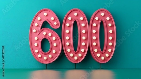 Fototapeta Large pink marquee-style numbers "600" with lights stand against a teal wall background.