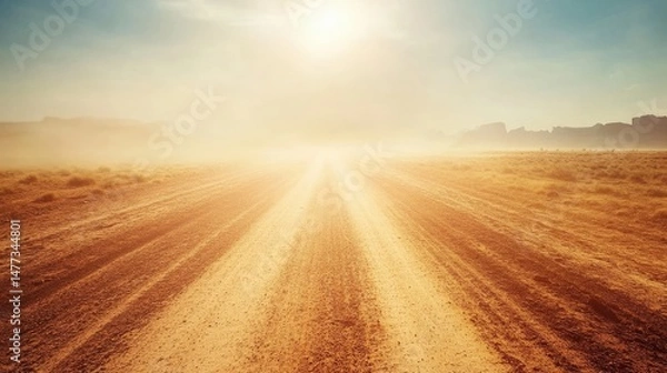 Fototapeta Dusty Road Under Bright Sunlight with Golden Hues and Soft Horizon, Evoking Sense of Adventure and Freedom in a Vast Desert Landscape