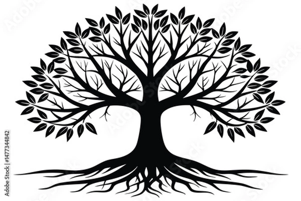 Obraz Silhouetted Black Tree Illustration Featuring Foliage, Branches, and Roots on Bright Background