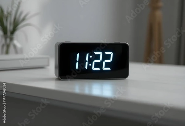 Fototapeta A sleek digital clock showing  11:22, placed on a minimalist white desk with a subtle plant in the background.