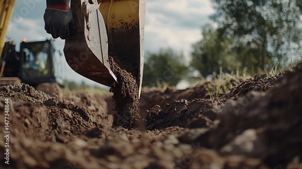 Fototapeta Excavator Bucket Digging into Soil at Construction Site