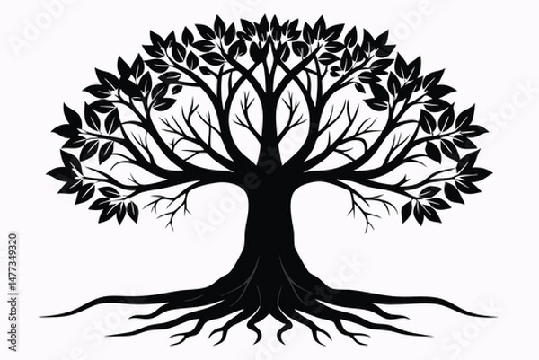 Obraz Silhouette of a Majestic Tree with Detailed Roots and Leafy Branches Design