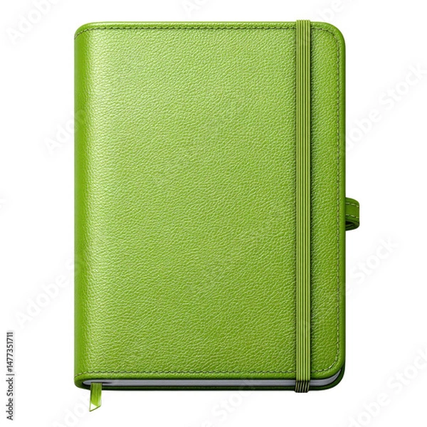 Fototapeta Vibrant green notebook with textured cover and elastic band closure, perfect for notes and ideas