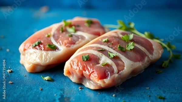 Fototapeta Raw pork meat with parsley on a blue surface