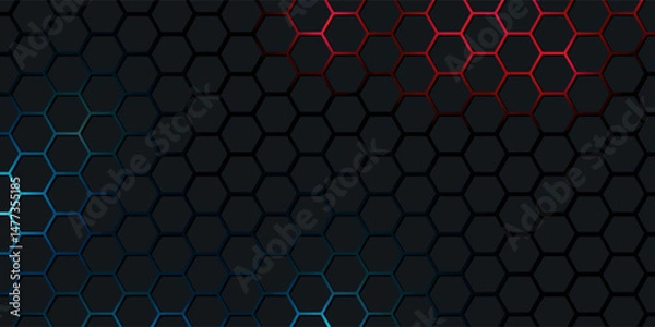 Fototapeta Dark red and blue hexagon abstract technology background with red and blue colored bright flashes under hexagon. Hexagonal gaming vector abstract tech background.