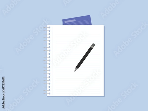 Fototapeta Notebook with pencil and envelope on light blue background. cute clean and simple notebook
