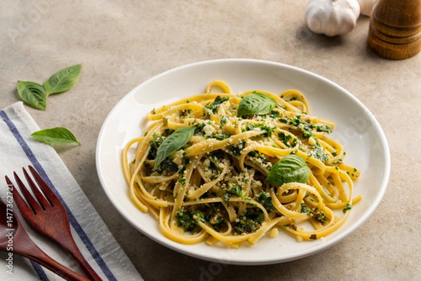 Fototapeta fettuccine pasta with kale walnut pesto sauce in white plate.