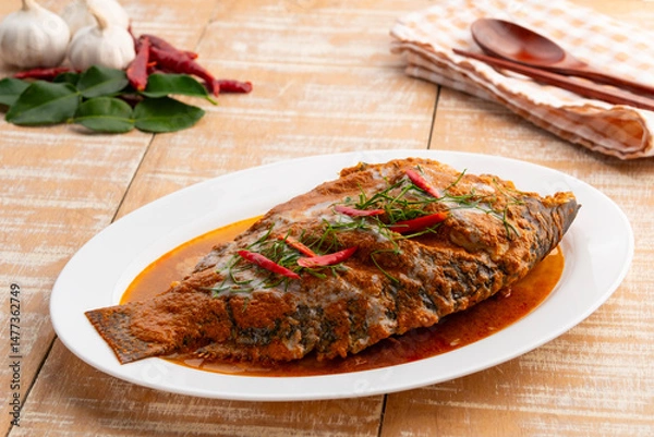 Fototapeta Tilapia Fish with red curry sauce,Thai Chu Chee Fish Curry in a plate.