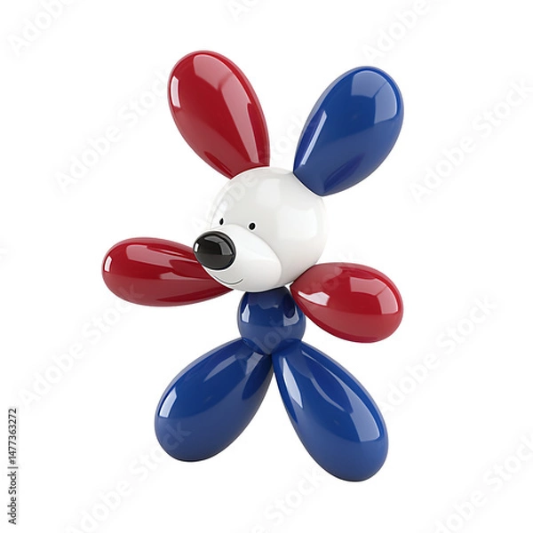 Fototapeta Playful balloon dog sculpture with red, white, and blue glossy finish. Isolated on transparent background, suitable for various design projects.