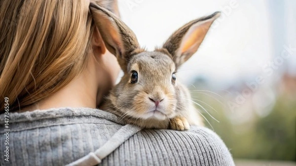 Fototapeta Cuteness overload as a pet rabbit snuggles into its owner's shoulder