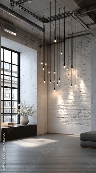 Fototapeta Soft white wall in an industrial loft with ceiling lights casting patterns.