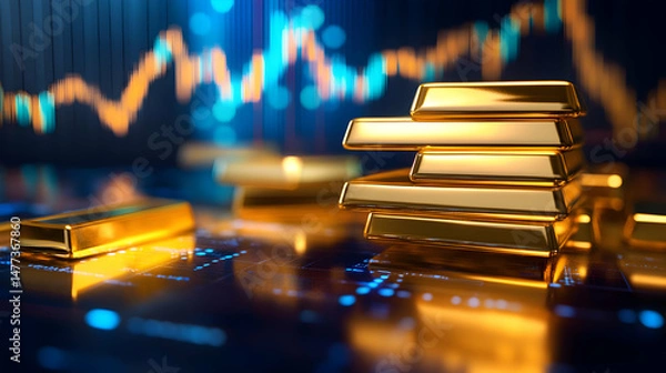 Fototapeta Shiny Gold Bars on Financial Background with Stock Market Graph