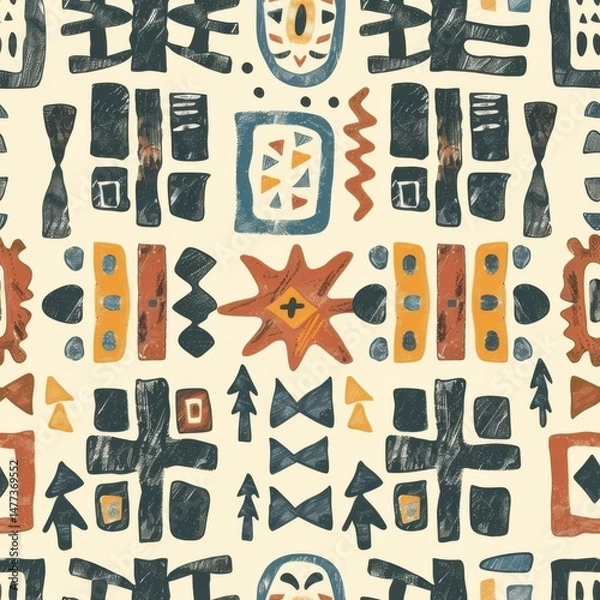 Obraz seamless pattern of primitive tribal geometric motifs, hand-drawn lines and shapes, earth color palette