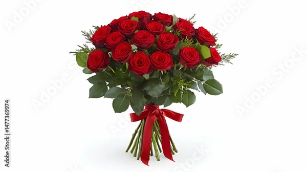 Fototapeta Romantic bouquet of fifteen deep red roses tied with a red ribbon, isolated on white background. Perfect for Valentine's Day, anniversaries, or romantic gestures.