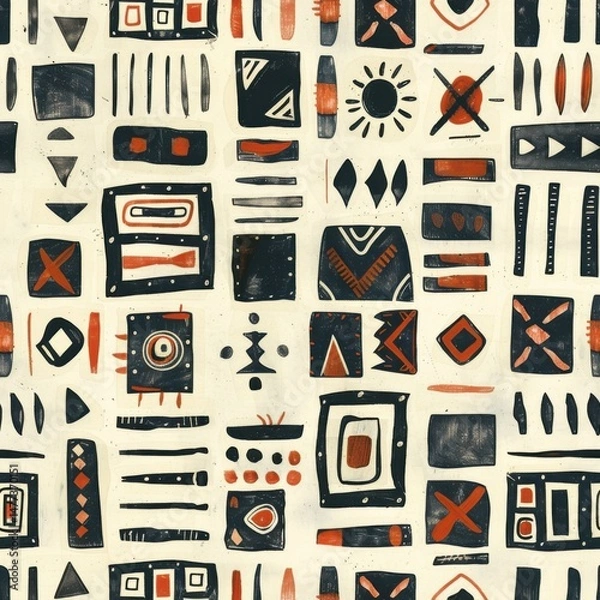 Obraz seamless pattern of primitive tribal geometric motifs, hand-drawn lines and shapes, earth color palette