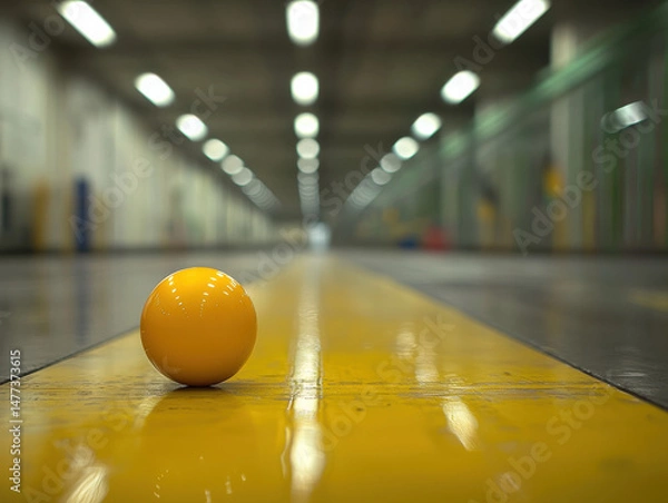 Fototapeta Vibrant yellow ball rests yellow line spacious industrial setting, showcasing sense of depth and focus. blurred background adds to atmosphere