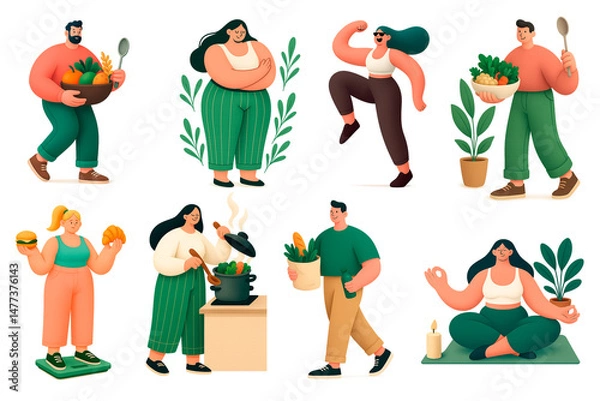 Fototapeta Eight cartoon characters engaged in food-related activities like cooking, shopping, and eating healthy meals. Generated AI.