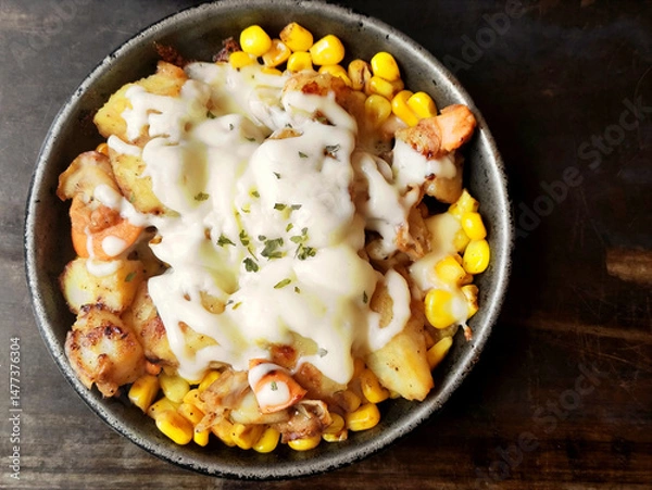 Fototapeta Hot Baked Corn and Potatoes with Cheese on the Stovetop