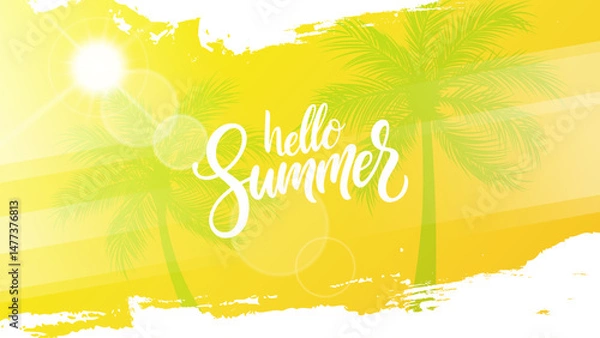 Obraz Hello Summer. Hand lettering, summer sun, palm trees and white brush strokes for Summertime season graphic design. Vector illustration.