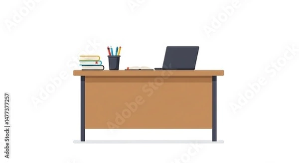 Fototapeta Desk with Laptop Books and Office Supplies Flat Vector Illustration