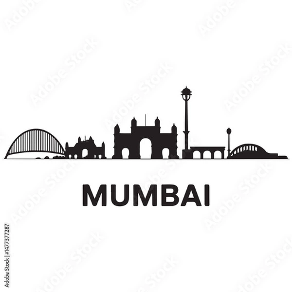Fototapeta Vector Mumbai skyline. Travel Mumbai famous landmarks. Business and tourism concept for presentation, banner, web site. Vector black silhouette. with white background