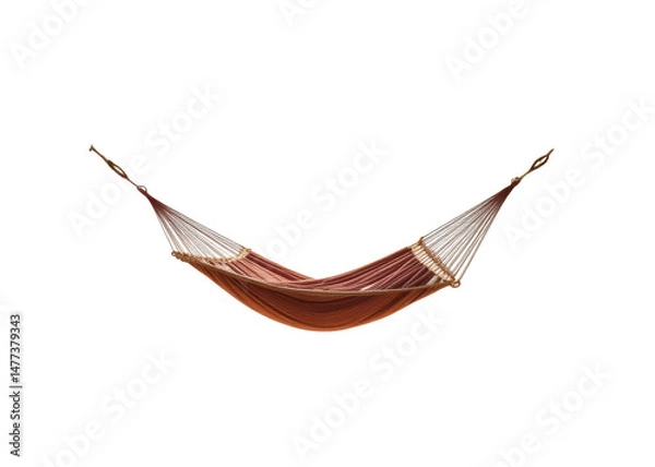 Fototapeta Empty reddish brown fabric hammock with rope ends, isolated on transparent background, relaxation, leisure, comfort